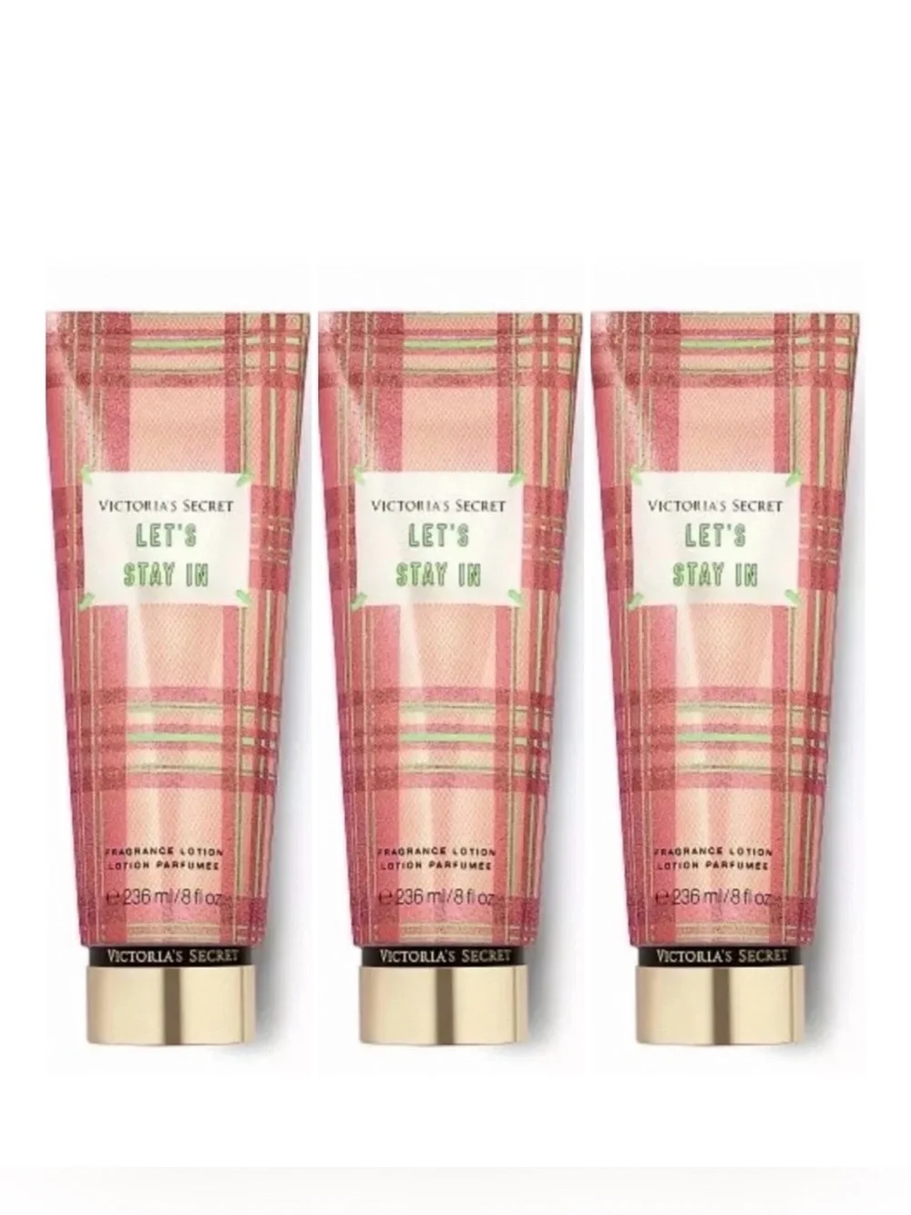 Victoria's Secret Let's Stay In Lotion - Coral Plaid with Gold Accents